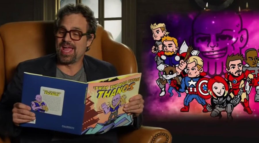 Les acteurs d’Avengers : Endgame avec le livre pour enfants ‘Twas The Mad Titan Thanos »